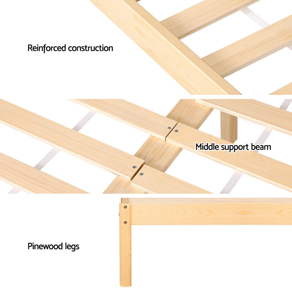 Rita Rattan Double Wooden Bed Frame Pine showing pinewood legs, reinforced construction, and middle support beam details