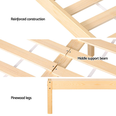 Rita Rattan Double Wooden Bed Frame Pine showing pinewood legs, reinforced construction, and middle support beam details