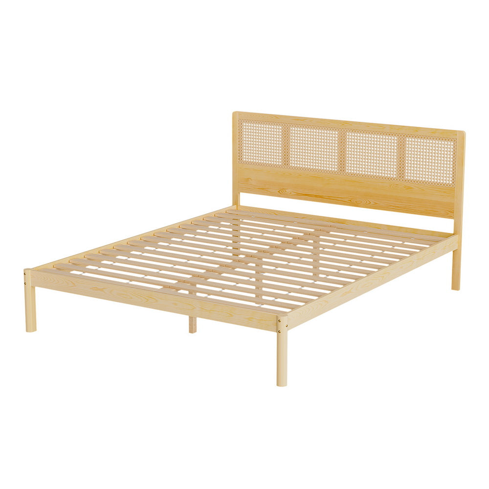Rita Rattan Queen Wooden Bed Frame Pine with rattan headboard and wooden slats, modern bedroom furniture by Bedzy
