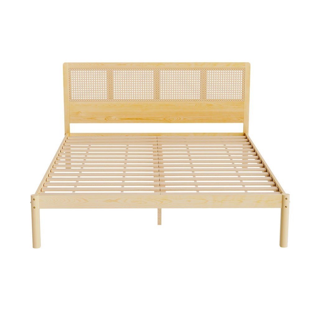 Rita Rattan Queen Wooden Bed Frame Pine with slatted base and woven rattan headboard, stylish bedroom furniture by Bedzy
