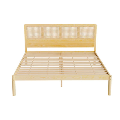 Rita Rattan Queen Wooden Bed Frame Pine with slatted base and woven rattan headboard, stylish bedroom furniture by Bedzy