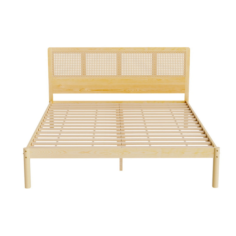 Rita Rattan Queen Wooden Bed Frame Pine with slatted base and woven rattan headboard, stylish bedroom furniture by Bedzy