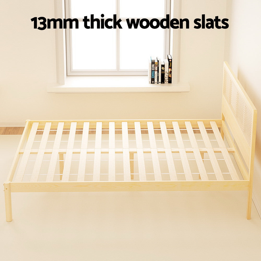 Rita Rattan Queen Wooden Bed Frame Pine with 13mm thick wooden slats and rattan headboard in bright room setting