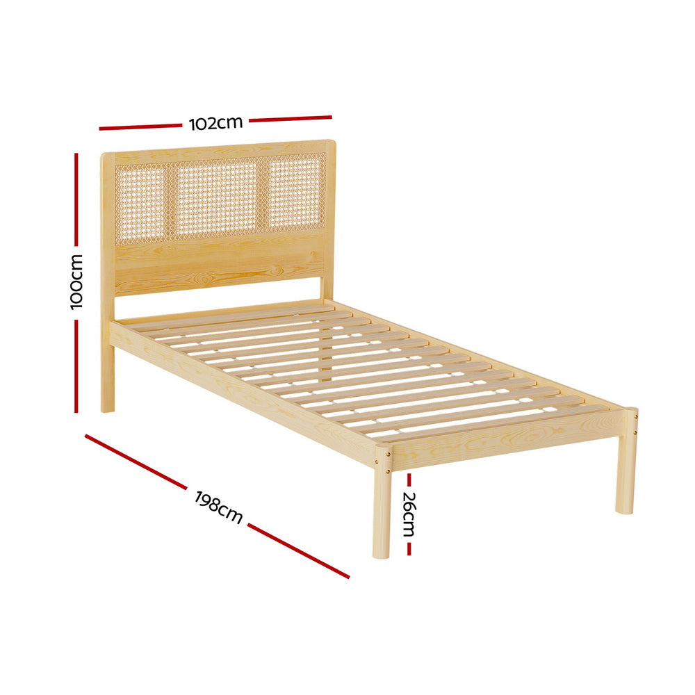 Rita Rattan Single Wooden Bed Frame Pine with rattan headboard and wooden slats, natural pine finish bedroom furniture