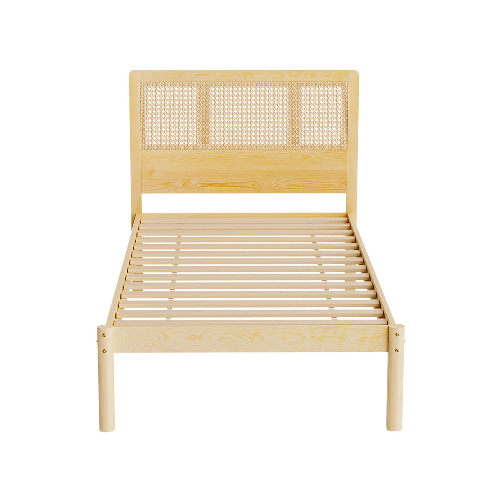 Rita Rattan Single Wooden Bed Frame Pine with slatted base and woven rattan headboard in natural wood finish