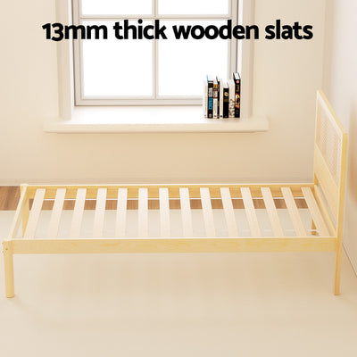 Rita Rattan Single Wooden Bed Frame Pine with 13mm thick wooden slats and rattan headboard in bright natural wood finish
