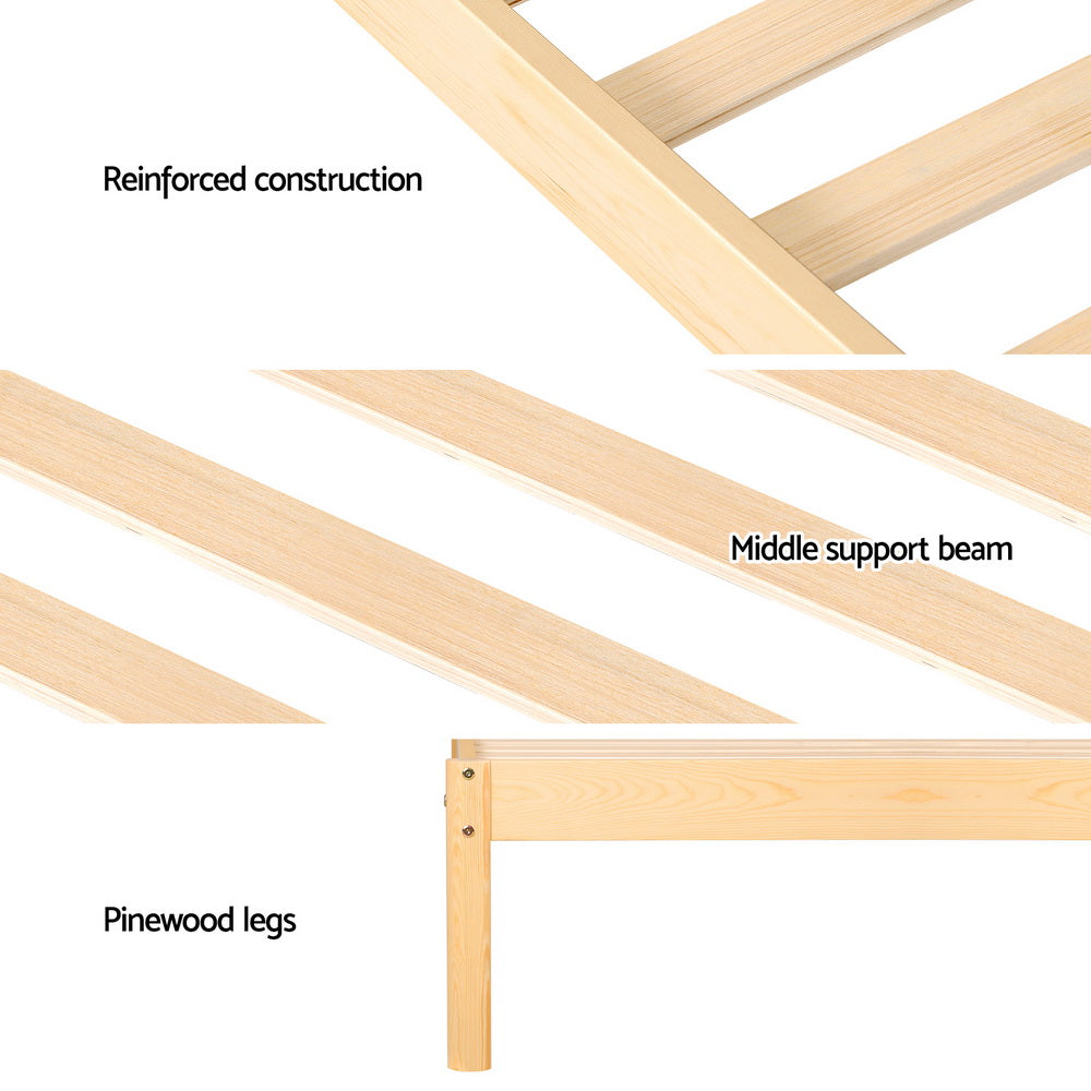 Close-up of Rita Rattan Single Wooden Bed Frame Pine showing reinforced pinewood slats, middle support beam, and pinewood legs