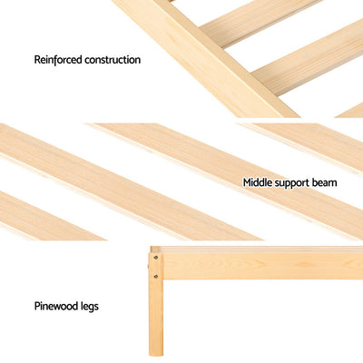 Close-up of Rita Rattan Single Wooden Bed Frame Pine showing reinforced pinewood slats, middle support beam, and pinewood legs