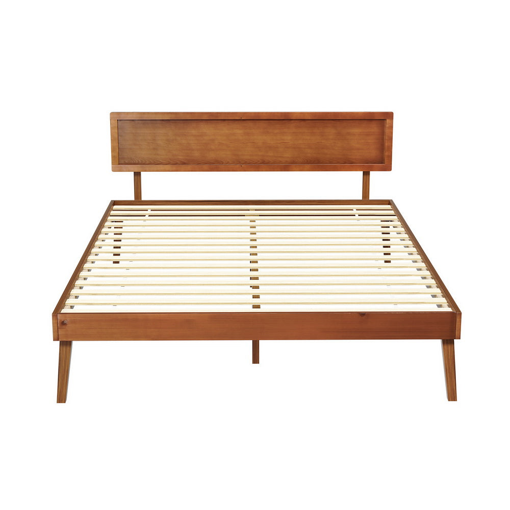 Splay Queen Wooden Bed Frame Walnut with pinewood slats, mid-century design, and solid wood headboard and legs