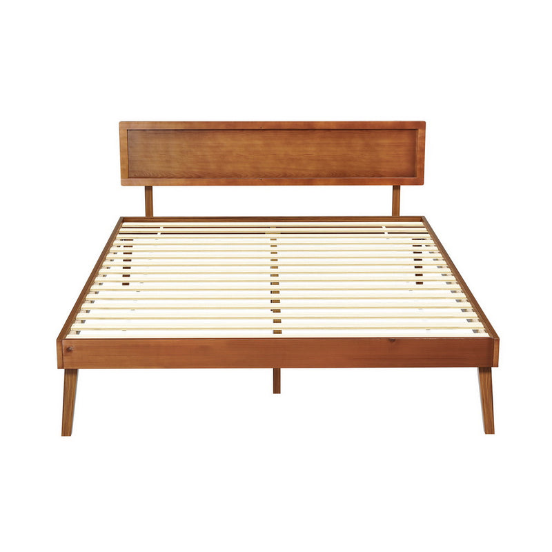 Splay Queen Wooden Bed Frame Walnut with pinewood slats, mid-century design, and solid wood headboard and legs