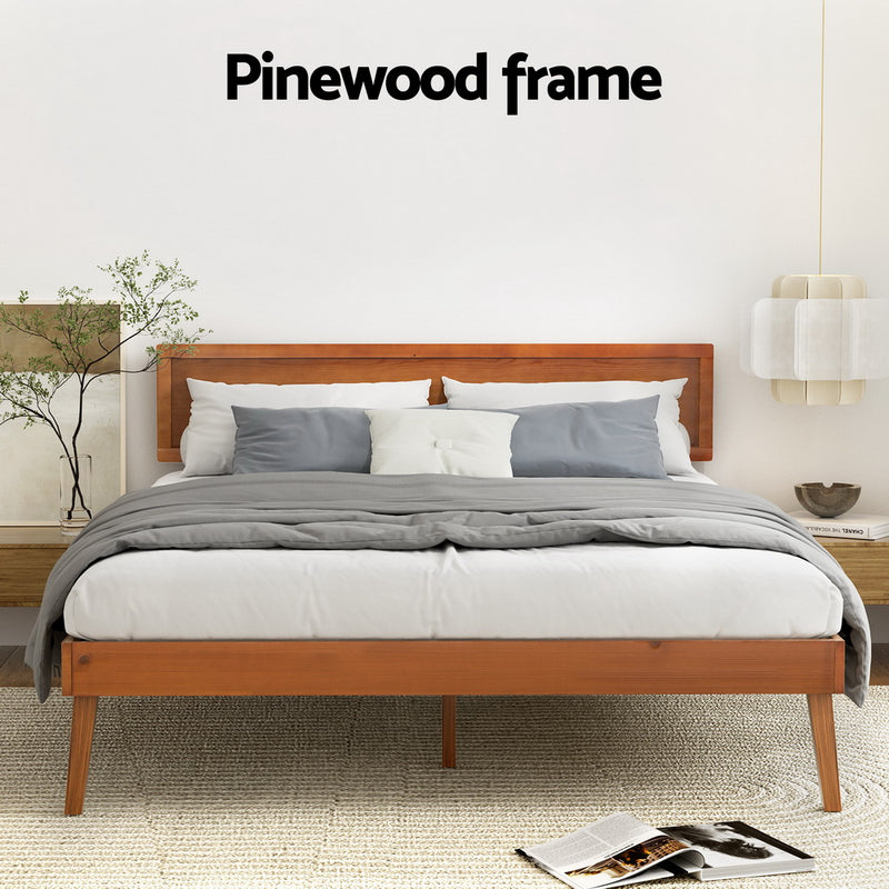 Splay Queen Wooden Bed Frame Walnut with pinewood construction, simple design, and mid-century style bedroom furniture