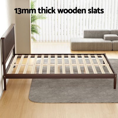 Vise Double Solid Pinewood Bed Frame Walnut with 13mm thick wooden slats in a modern bedroom setting