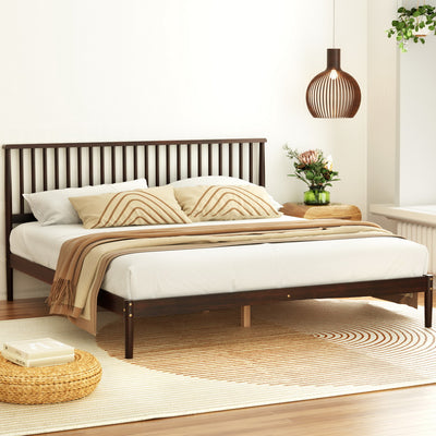 Vise King Solid Pinewood Bed Frame Walnut with slatted headboard styled in a modern bedroom setting with neutral decor
