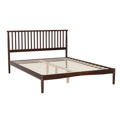 Vise Queen Solid Pinewood Bed Frame Walnut with slatted headboard and sturdy wooden slats, modern bedroom furniture by Bedzy