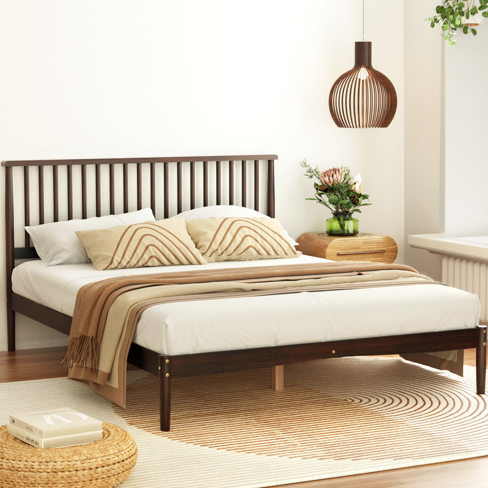 Vise Queen Solid Pinewood Bed Frame Walnut with slatted headboard, styled with beige bedding in modern bedroom furniture setting