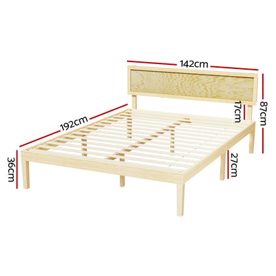 Yumi Solid Pinewood Double Bed Frame in natural wood finish with slatted base and rustic headboard, shown with measurements