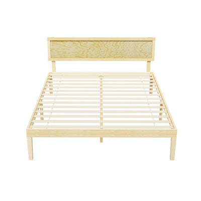 Yumi Solid Pinewood Double Bed Frame with simple slatted base and rustic headboard in natural wood finish