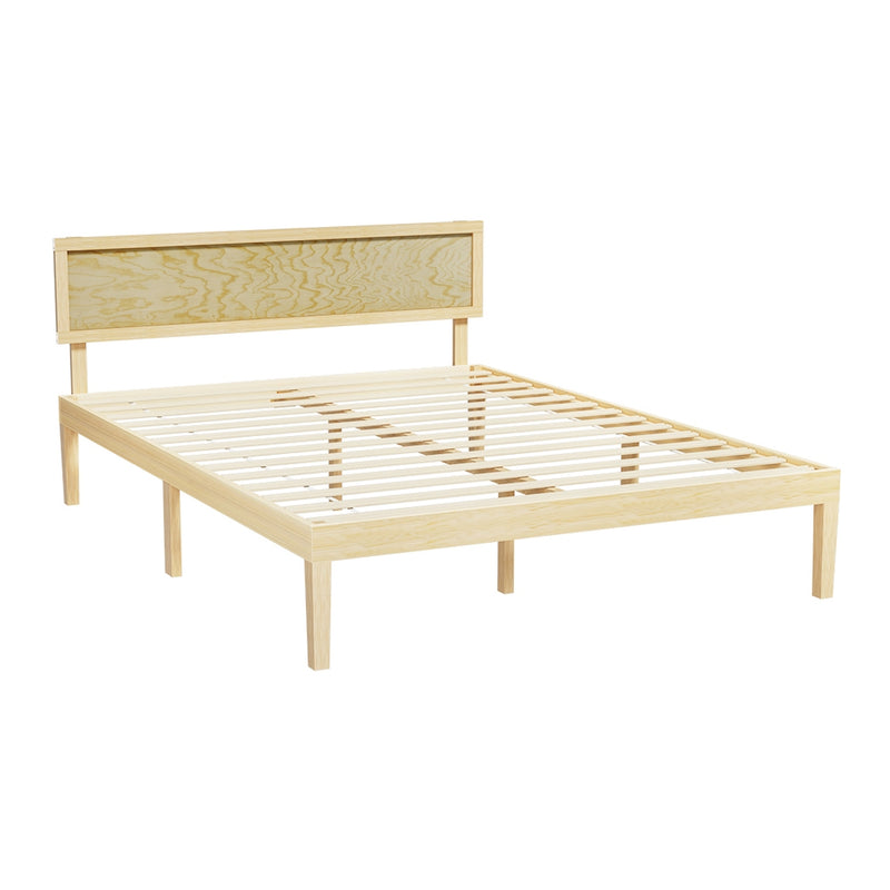 Yumi Solid Pinewood Queen Bed Frame with slatted base and simple rustic pinewood headboard in natural finish