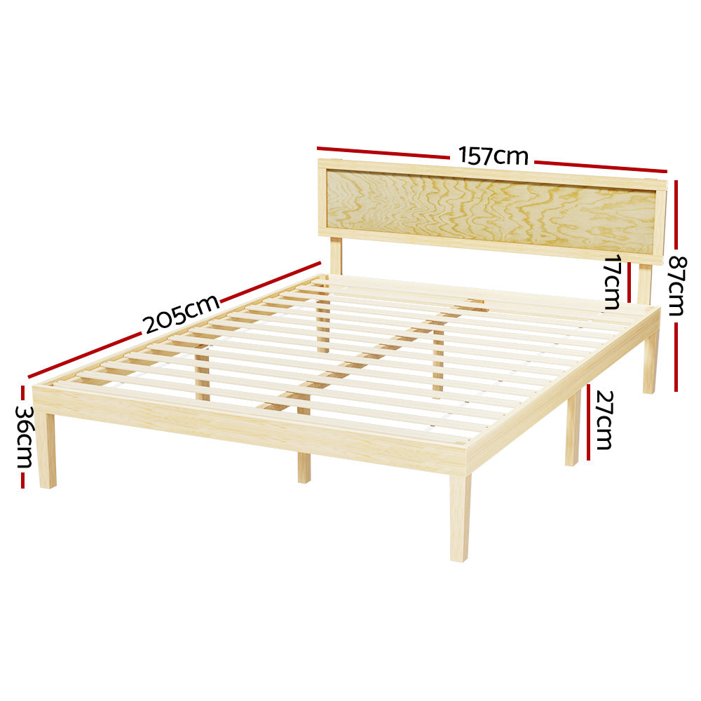 Yumi Solid Pinewood Queen Bed Frame with slatted base and headboard, natural wood finish, and rustic bedroom furniture style