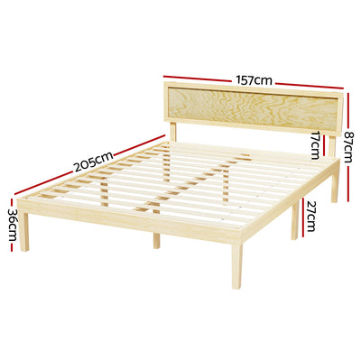 Yumi Solid Pinewood Queen Bed Frame with slatted base and headboard, natural wood finish, and rustic bedroom furniture style