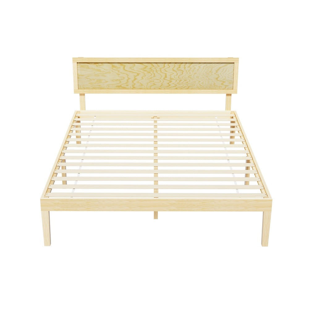 Yumi Solid Pinewood Queen Bed Frame with wooden slats and rustic headboard, showcasing natural pinewood finish