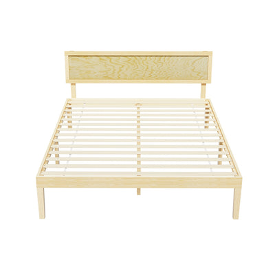 Yumi Solid Pinewood Queen Bed Frame with wooden slats and rustic headboard, showcasing natural pinewood finish