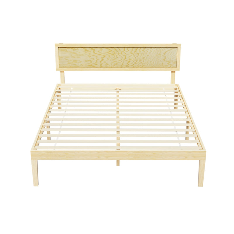 Yumi Solid Pinewood Queen Bed Frame with wooden slats and rustic headboard, showcasing natural pinewood finish