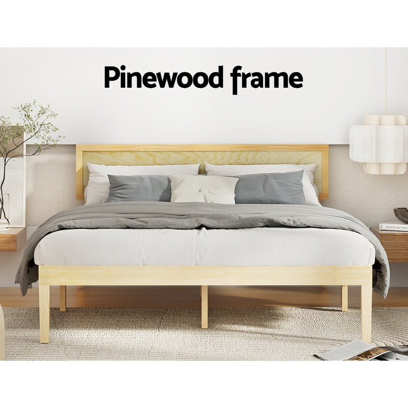Yumi Solid Pinewood Queen Bed Frame in light natural wood with simple headboard, styled in modern bedroom setting