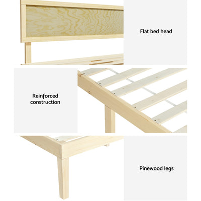 Yumi Solid Pinewood Queen Bed Frame with flat headboard, reinforced construction, and natural pinewood legs