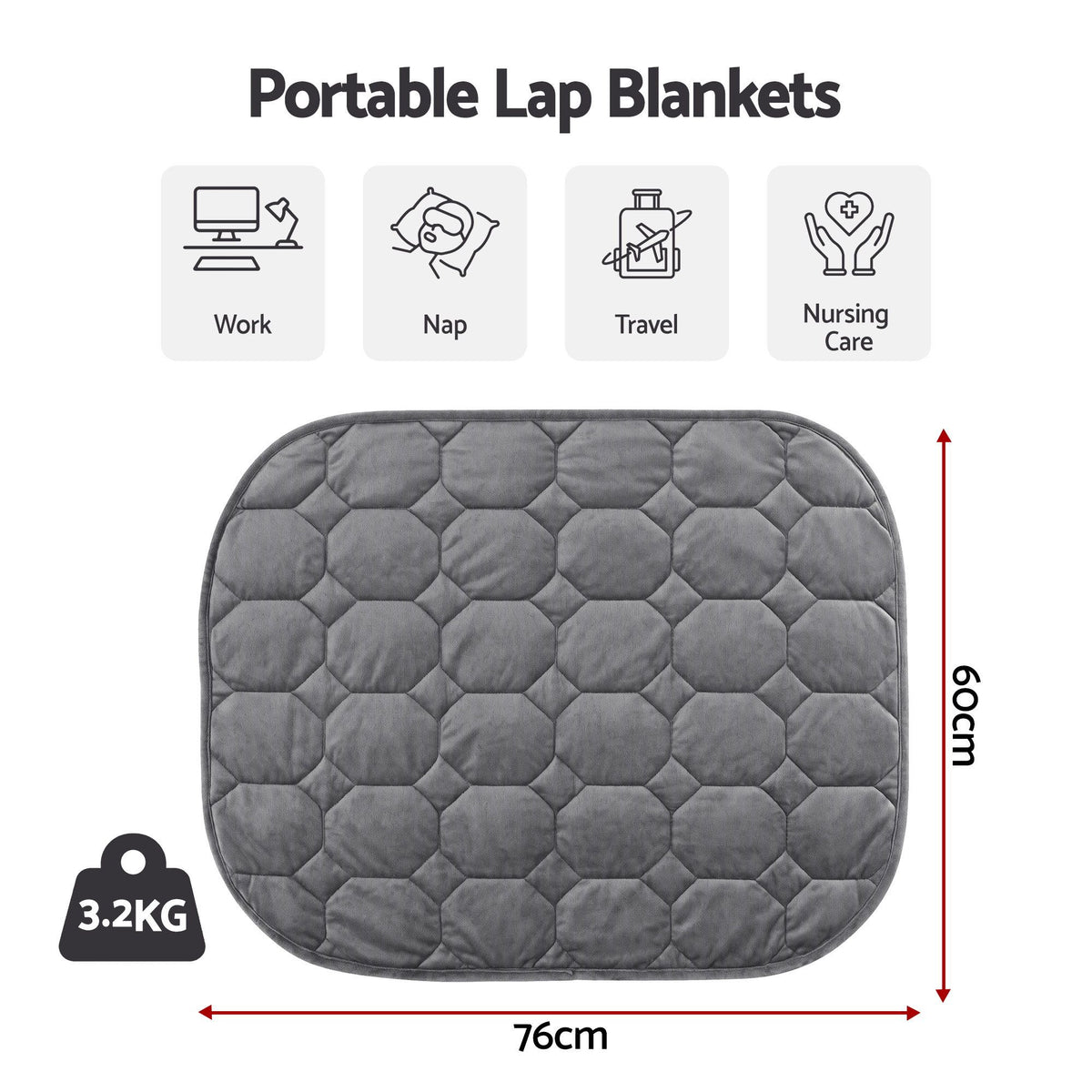 Weighted Lap Blanket 3.2KG Quilted Glass Bead Fill with Crystal Velvet - Grey