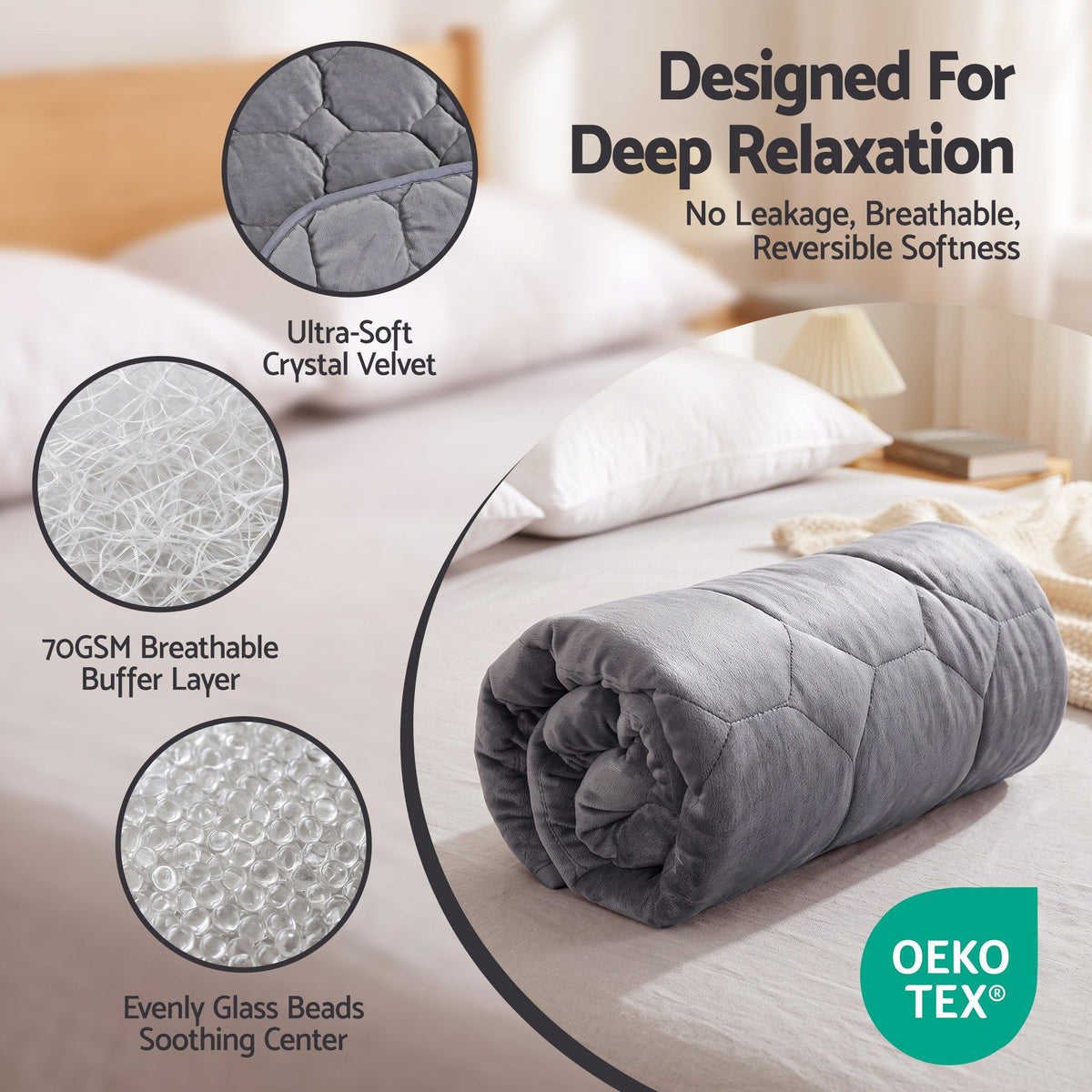 Weighted Lap Blanket 3.2KG Quilted Glass Bead Fill with Crystal Velvet - Grey