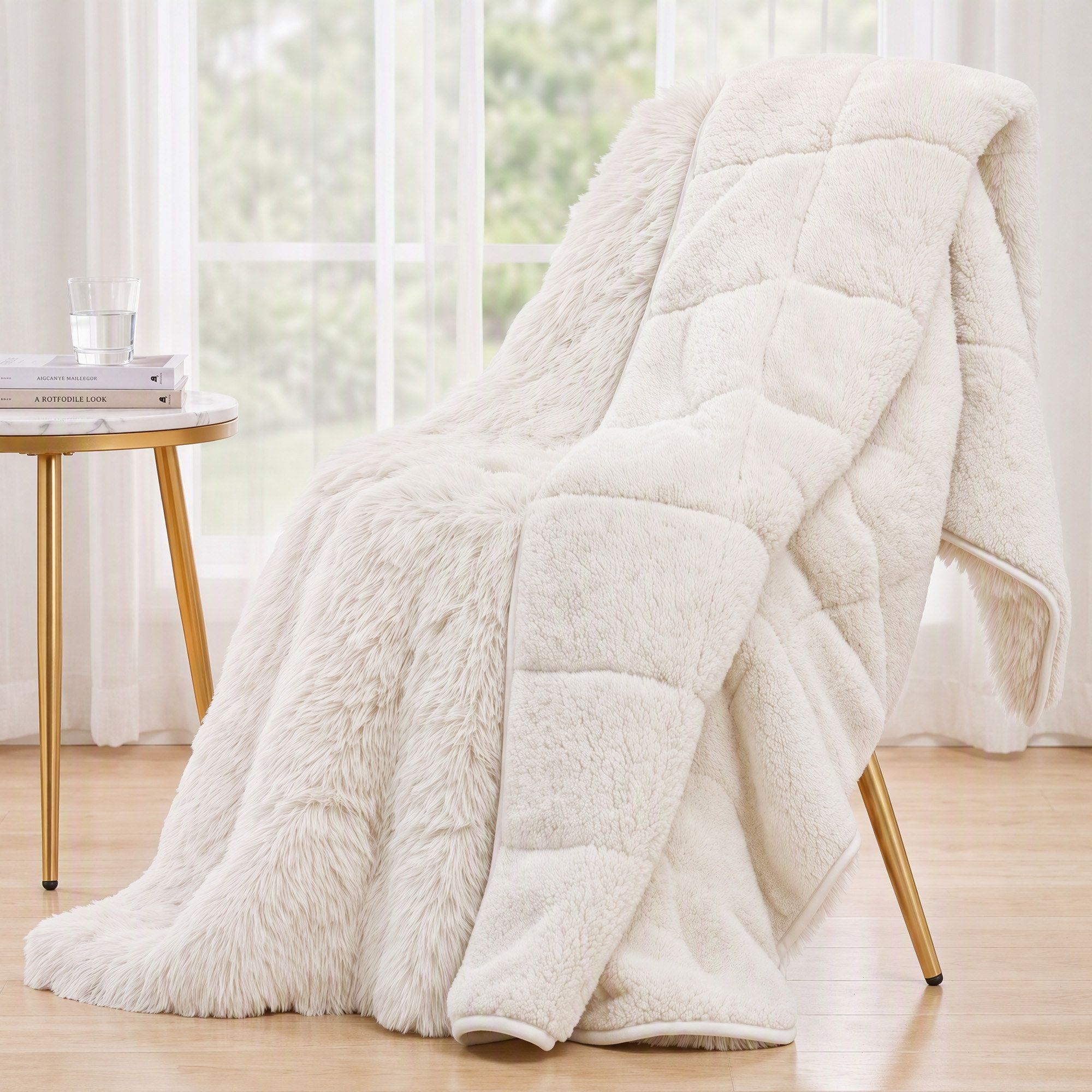 Faux Fur Weighted Blanket 120x180cm 5.5kg Double-Sided Sherpa Long Pile - Cream