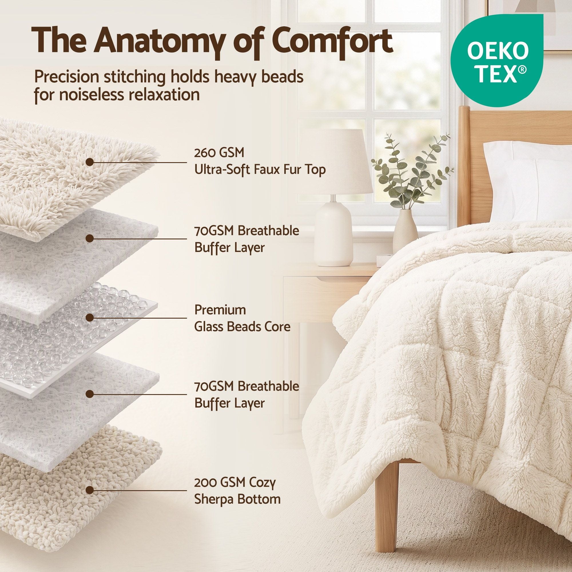 Faux Fur Weighted Blanket 120x180cm 6.8kg Double-Sided Sherpa - Cream