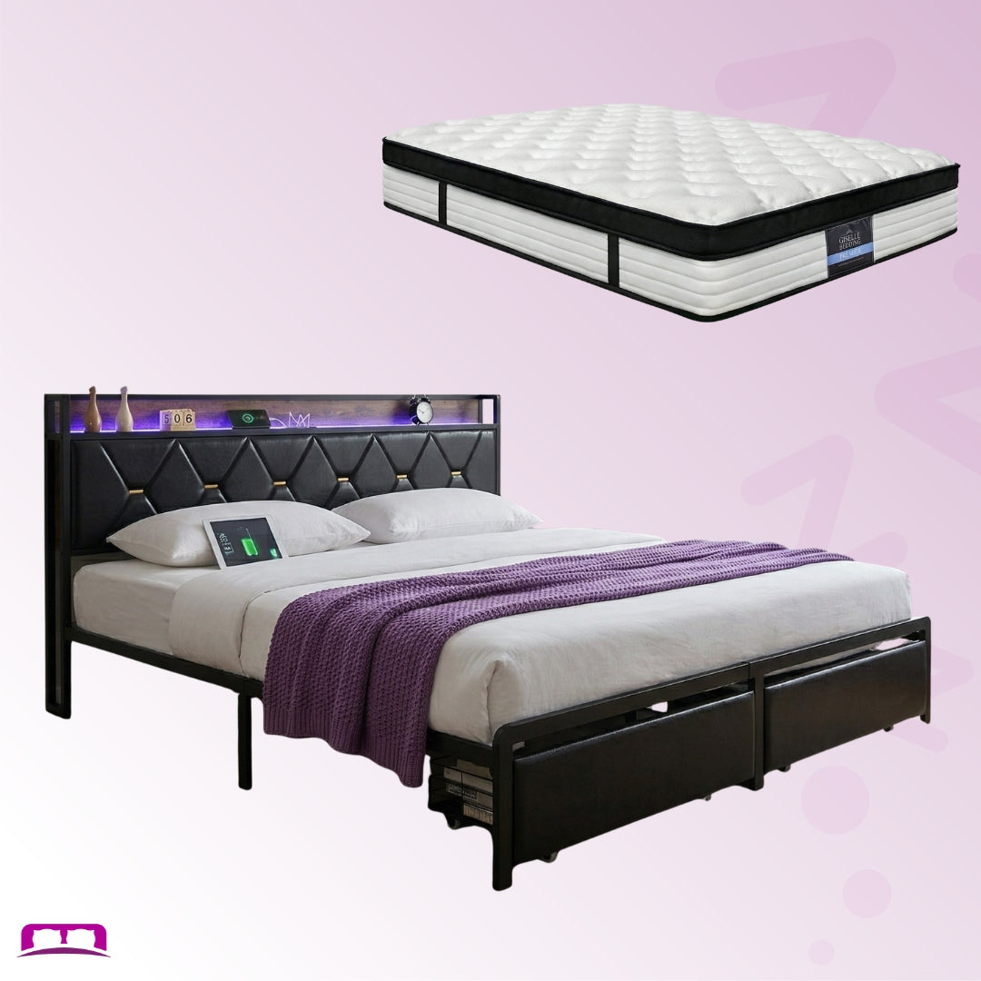 Queen Package | Waverton Storage Bed with LED Headboard Black & Serenity Euro Top Mattress (Medium Firm)