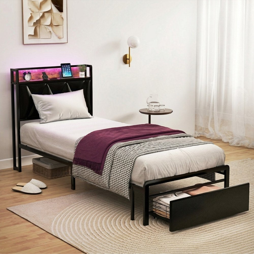 Single Package | Waverton LED Storage Bed Frame Black & Glay Bonnell Spring Mattress (Medium Firm)