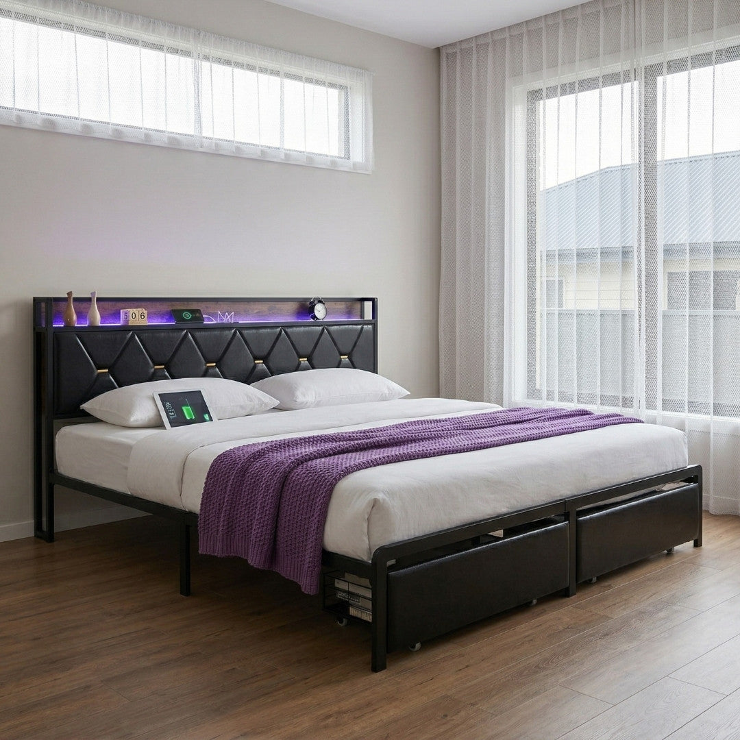 Waverton Queen Storage Bed with LED Headboard – Black-1