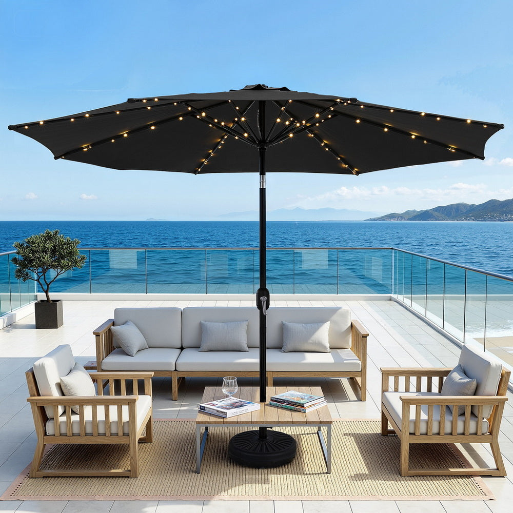 Outdoor Umbrella 2.9m Market Umbrella with Base String Light Black-1