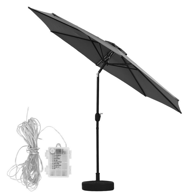 Outdoor Umbrella 2.9m Market Umbrella with String Light Tilt Charcoal Shade-4