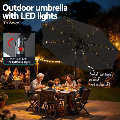 Outdoor Umbrella 2.9m Market Umbrella with String Light Tilt Charcoal Shade