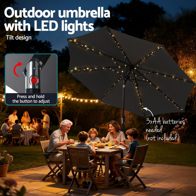 Outdoor Umbrella 2.9m Market Umbrella with String Light Tilt Charcoal Shade-6