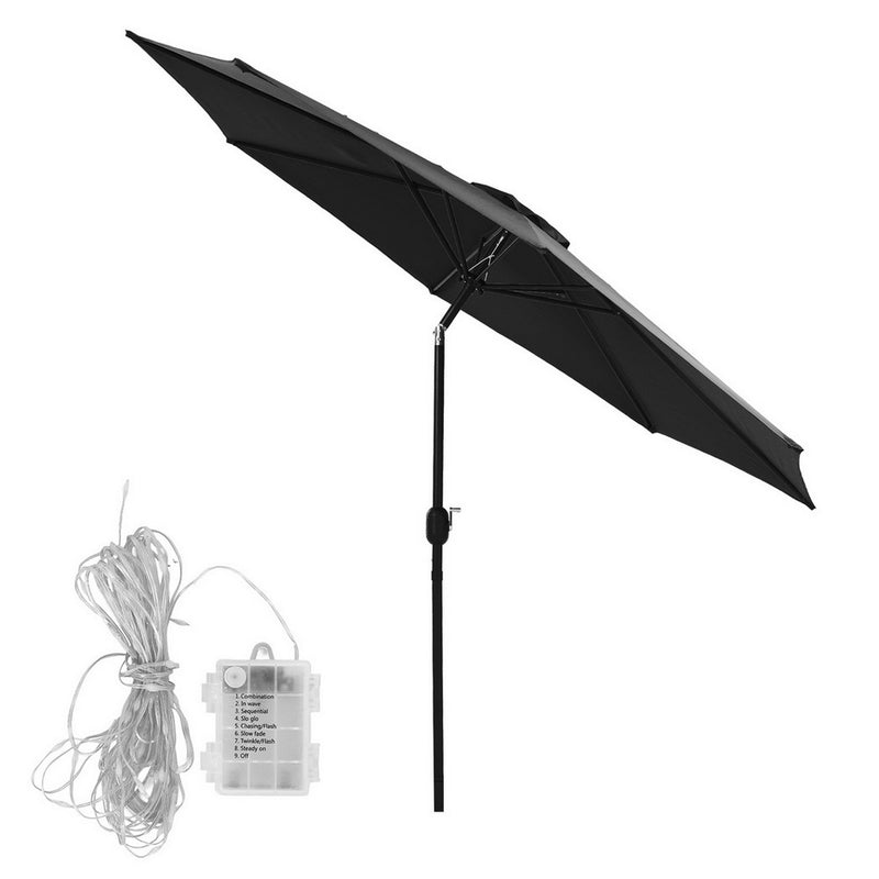 Outdoor Umbrella 2.9m Market Umbrella with String Light Tilt Black-4