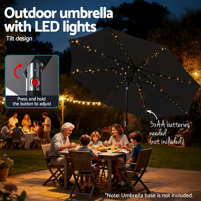 Outdoor Umbrella 2.9m Market Umbrella with String Light Tilt Black