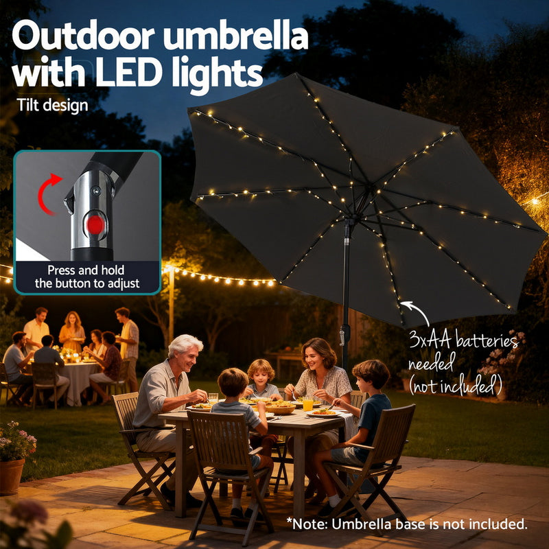 Outdoor Umbrella 2.9m Market Umbrella with String Light Tilt Charcoal Shade-6