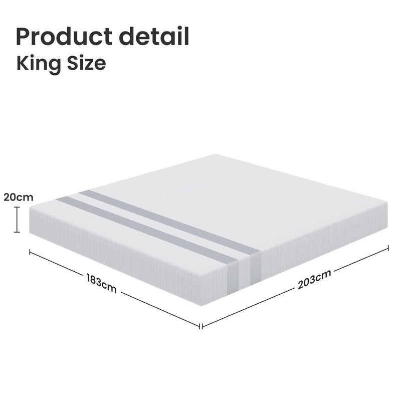 King Memory Foam Mattress 20cm Cooling Gel Foam Mattress in a Box Medium Soft Feel with king size dimensions shown.