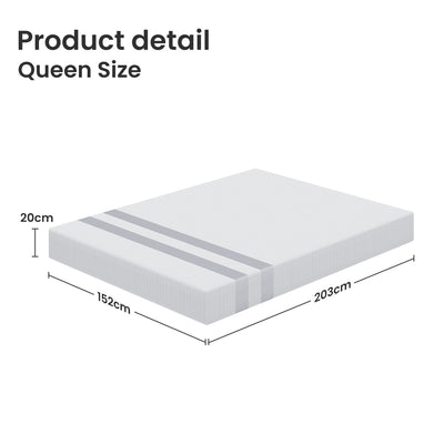Queen Memory Foam Mattress 20cm Cooling Gel Foam Mattress in a Box Medium Soft Feel with dimensions 152x203x20cm shown in white design