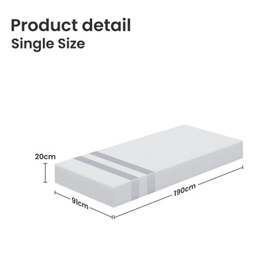 Single Memory Foam Mattress 20cm Cooling Gel Foam Mattress in a Box Medium Soft Feel with dimensions 190x91x20cm