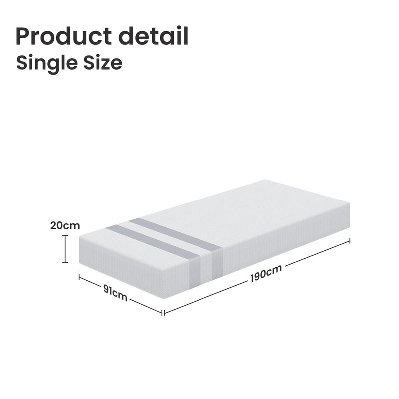Single Memory Foam Mattress 20cm Cooling Gel Foam Mattress in a Box Medium Soft Feel with dimensions 190x91x20cm