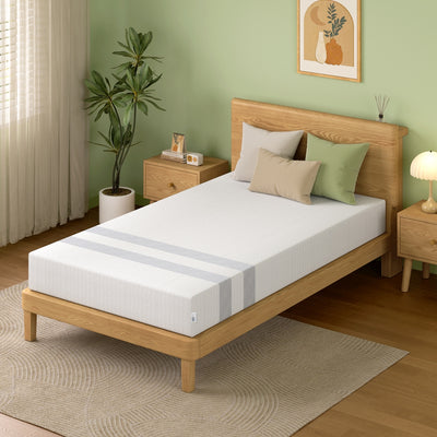 Single Memory Foam Mattress 20cm Cooling Gel Foam Mattress in a Box Medium Soft Feel on wooden bed frame in a modern bedroom