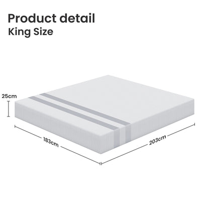 King Memory Foam Mattress 25cm Cooling Gel Foam Mattress in a Box Medium Feel with dimensions labeled 183cm by 203cm by 25cm
