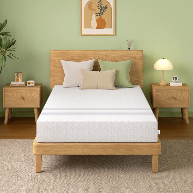 King Memory Foam Mattress 25cm Cooling Gel Foam Mattress in a Box medium feel on wooden bed frame with pillows